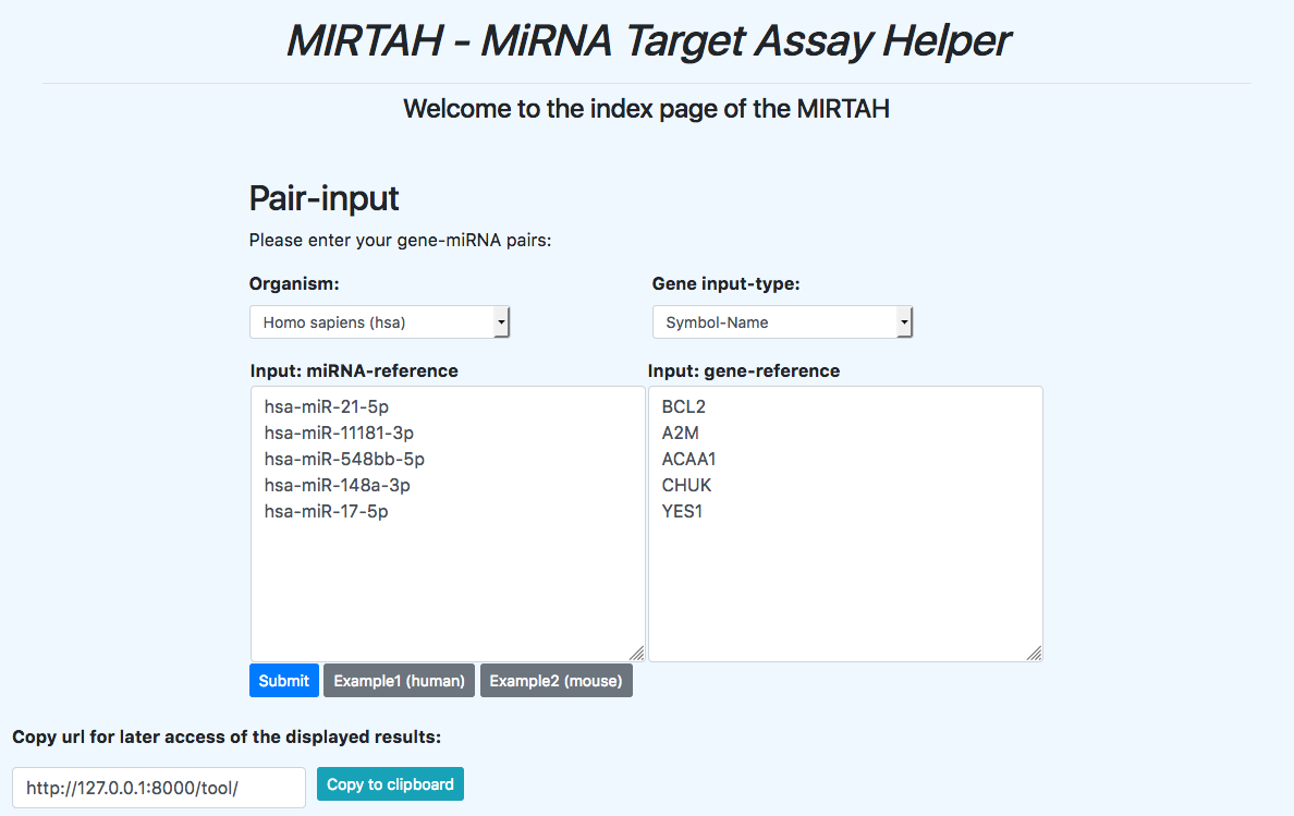 Screen-Shot of the start-page of the web-application MIRTAH