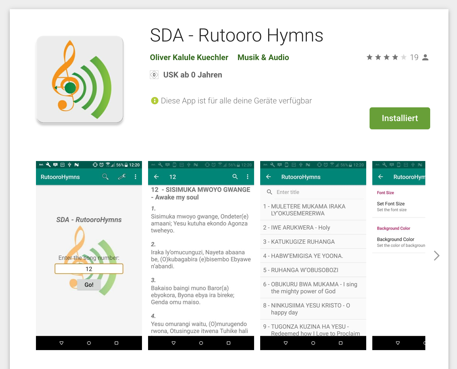 Screen-Shot of the GooglePlay-Store entry for the app 'SDA - RutooroHymns'